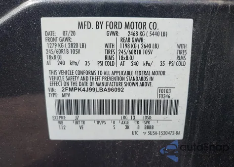 2020 Ford Edge Sel из США, поврежденный, VIN 2FMPK4J99LBA96092